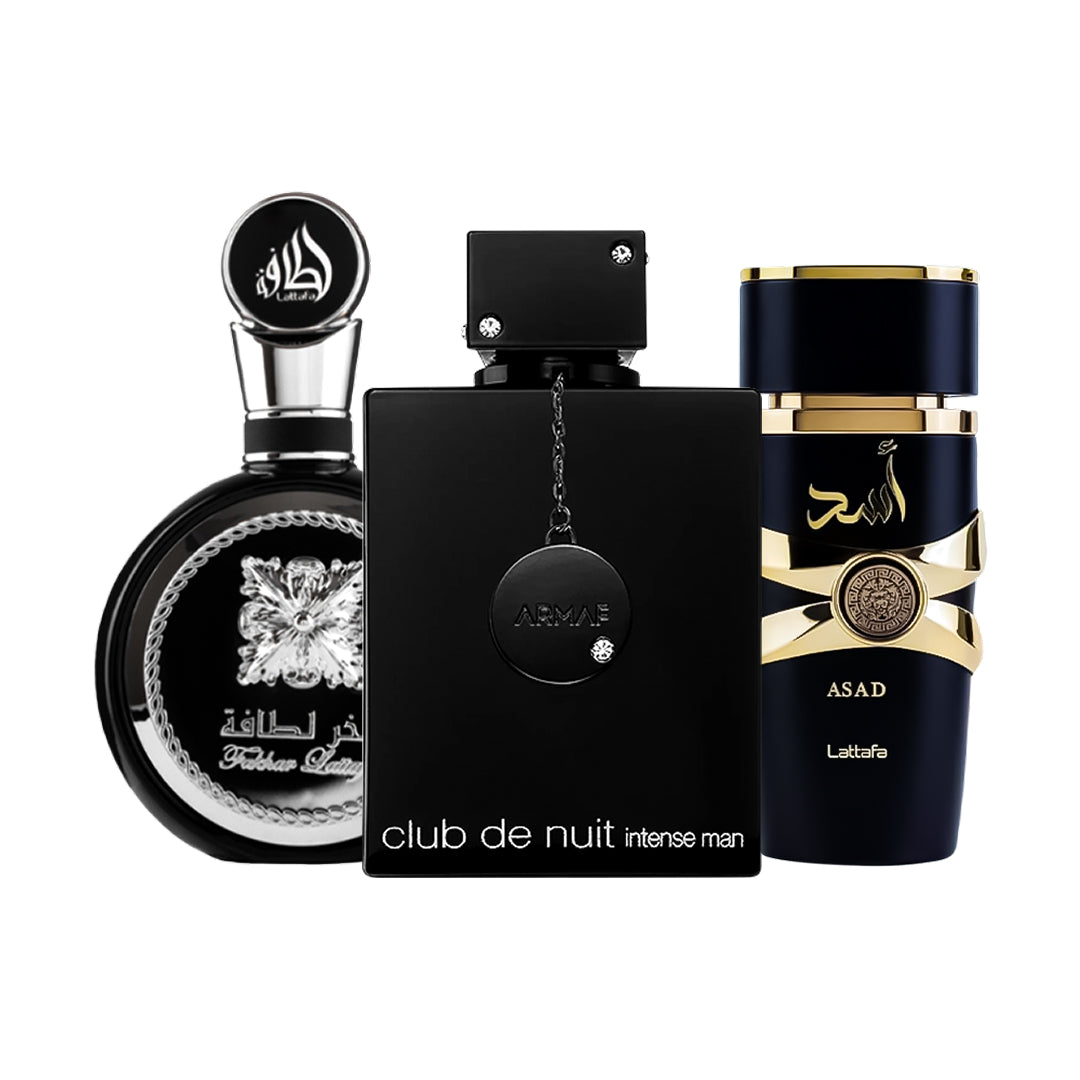 Combo Elegante - Fakhar Black | Lattafa Asad | Club de Nuit (3 Decants de 5ml cada) (1 variações)