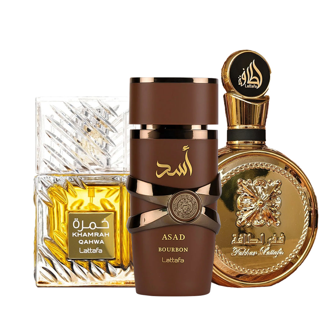 Combo Sedução - Lattafa Bourbon | Kahmrah Qahwa | Fakhar Gold (3 Decants de 5ml cada)