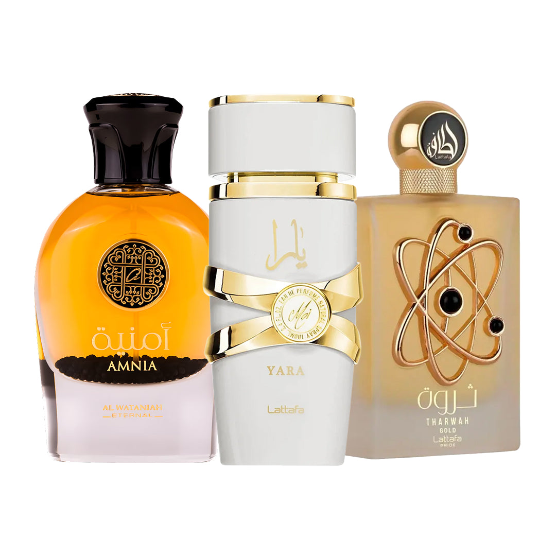 Combo Sedução - Yara Moi Lattafa | Tharwah Gold Lattafa | Amnia Al Wataniah (3 Decants de 5ml cada)