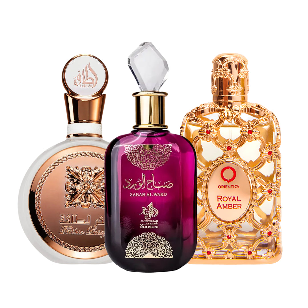 Combo Afrodisíaco - Fakhar Rose Lattafa | Sabah Al Ward Al Wataniah | Royal Amber Orientica (3 Decants de 5ml cada)