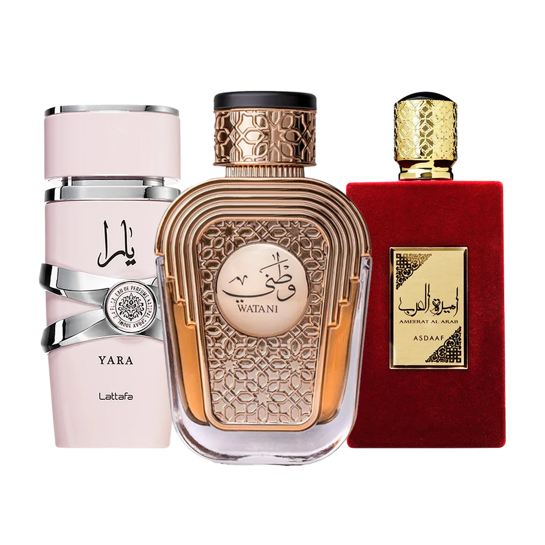 Combo Encanto - Yara Lattafa | Ameerat Al Arab Asdaaf | Watani Al Wataniah (3 Decants de 5ml cada)