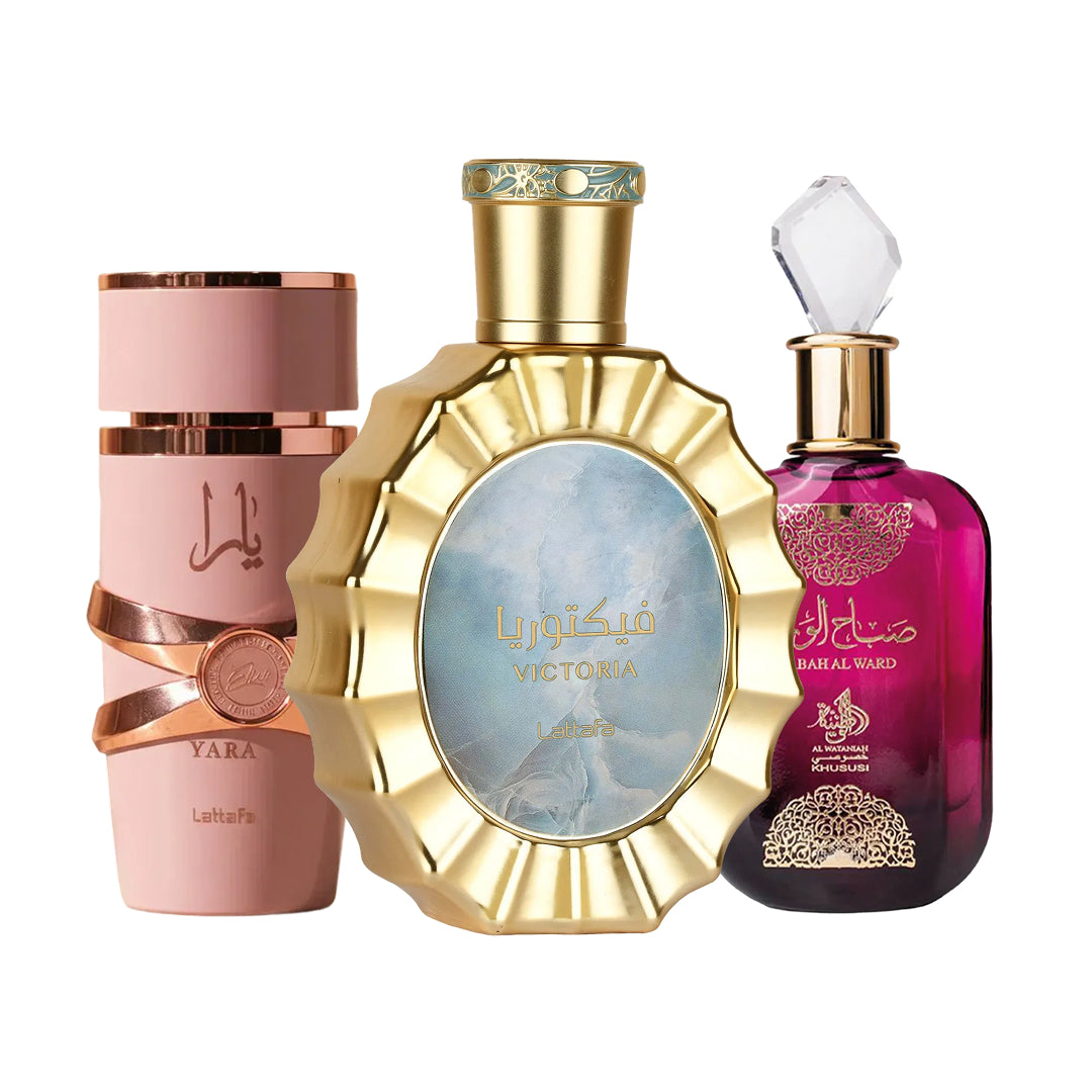 Combo Poder Feminino - Yara Elixir | Sabah Al Ward | Victoria (3 Decants de 5ml)