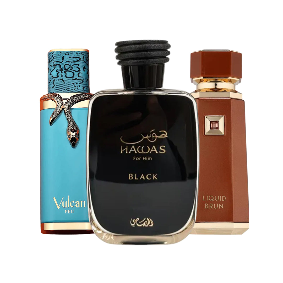 Combo Impacto Masculino - Hawas Black | Vulcan Feu | Liquid (3 Decants de 5ml cada)